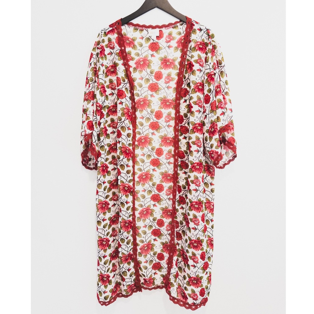 LuLaRoe Kimono Coverup Womens Medium White Red Rose Floral Lace Trim Chiffon - Picture 2 of 8